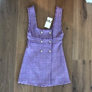 Zara tweed mini purple lavender dress with rhinestone buttons
